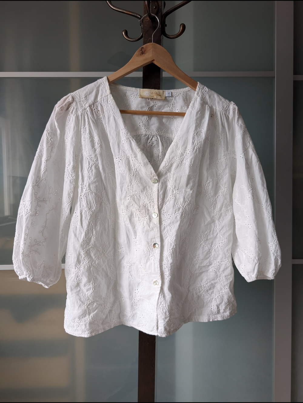 April Vintage White Eyelet Button-Front Top - Large